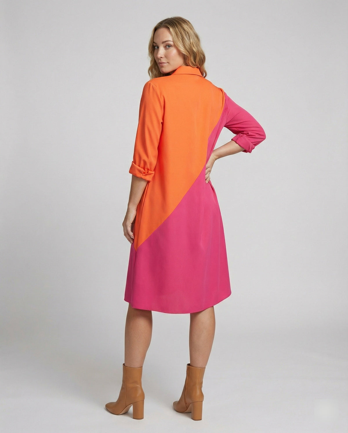 Shirt dress with lapel collar & three-quarter sleeves