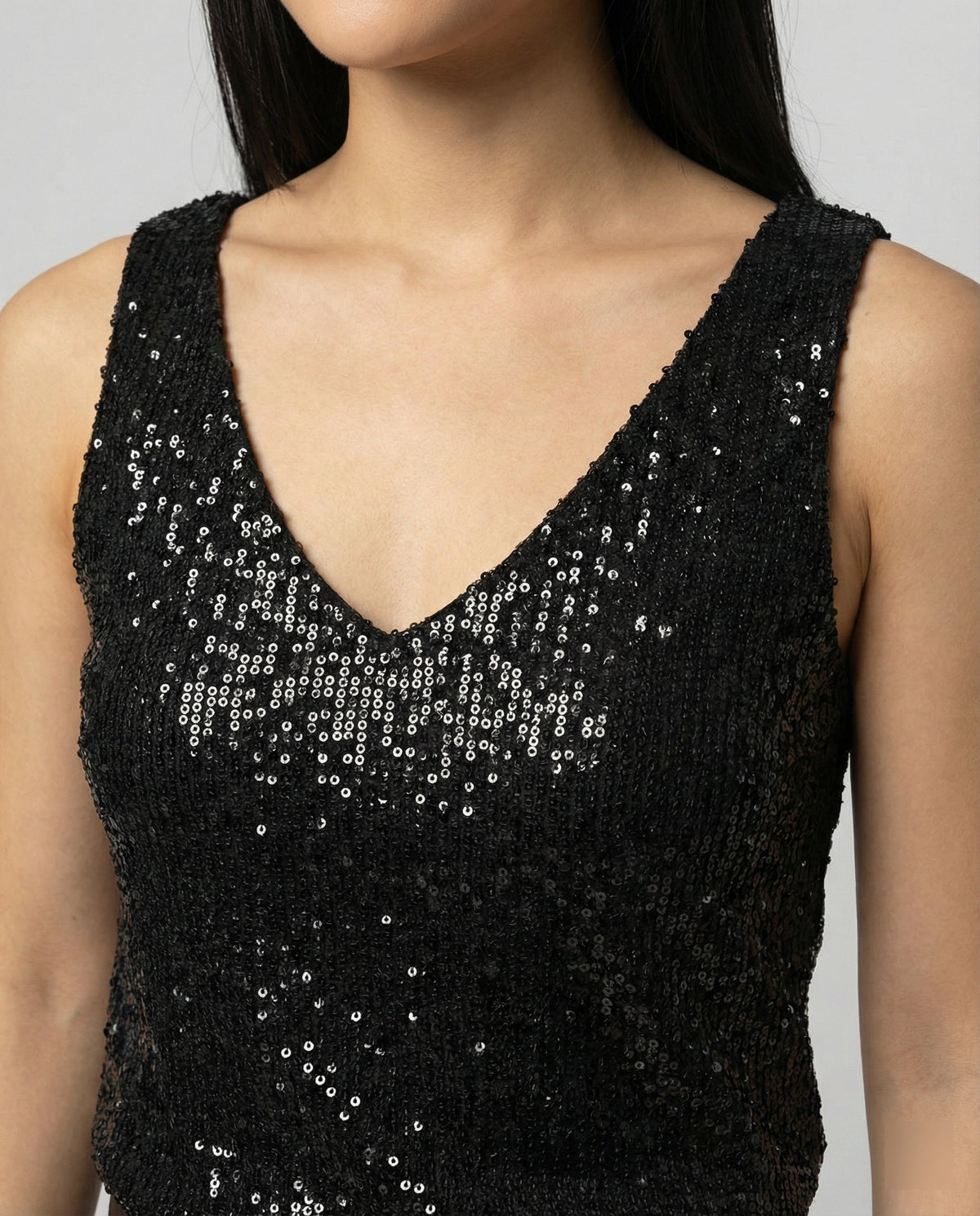 Ladies Glittering Top with V-Neck and Sparkling Sequin Trim Eva