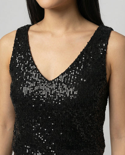 Ladies Glittering Top with V-Neck and Sparkling Sequin Trim Eva