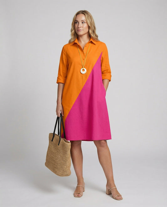 Shirt dress with lapel collar & three-quarter sleeves