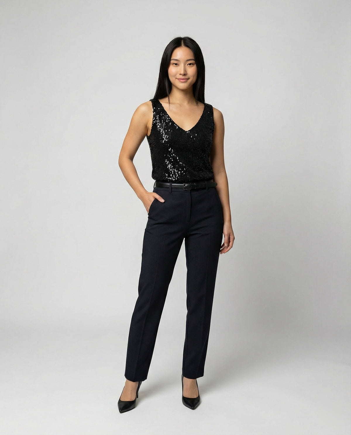 Ladies Glittering Top with V-Neck and Sparkling Sequin Trim Eva