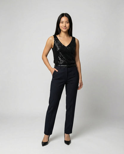 Ladies Glittering Top with V-Neck and Sparkling Sequin Trim Eva