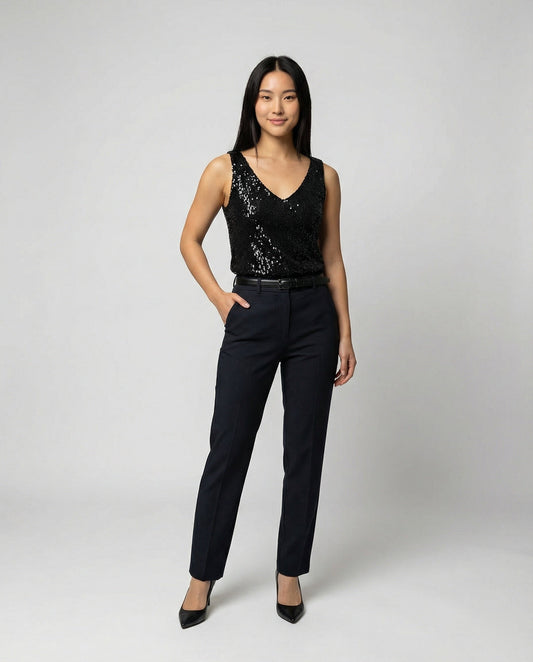 Ladies Glittering Top with V-Neck and Sparkling Sequin Trim Eva