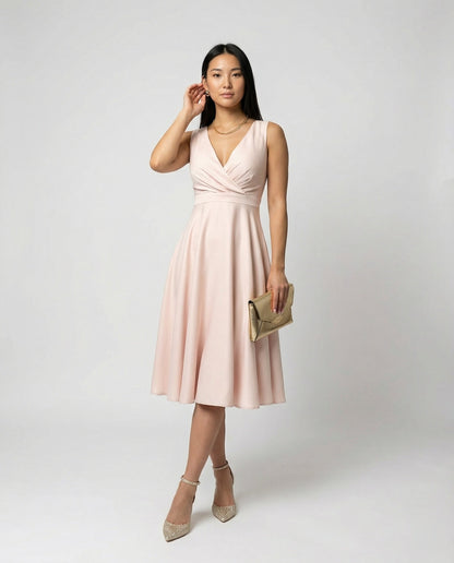 Midi dress in A-line, zipper, straps, V-neck, sleeveless, elegant, for women, cocktail party