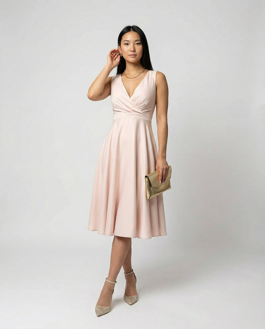 Midi dress in A-line, zipper, straps, V-neck, sleeveless, elegant, for women, cocktail party