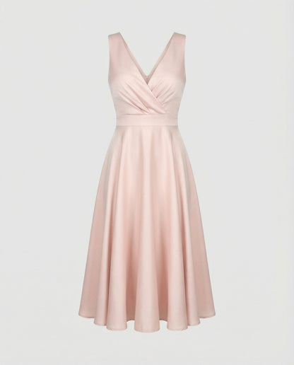 Midi dress in A-line, zipper, straps, V-neck, sleeveless, elegant, for women, cocktail party