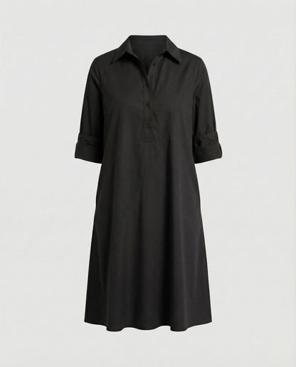 Shirt dress with lapel collar & three-quarter sleeves