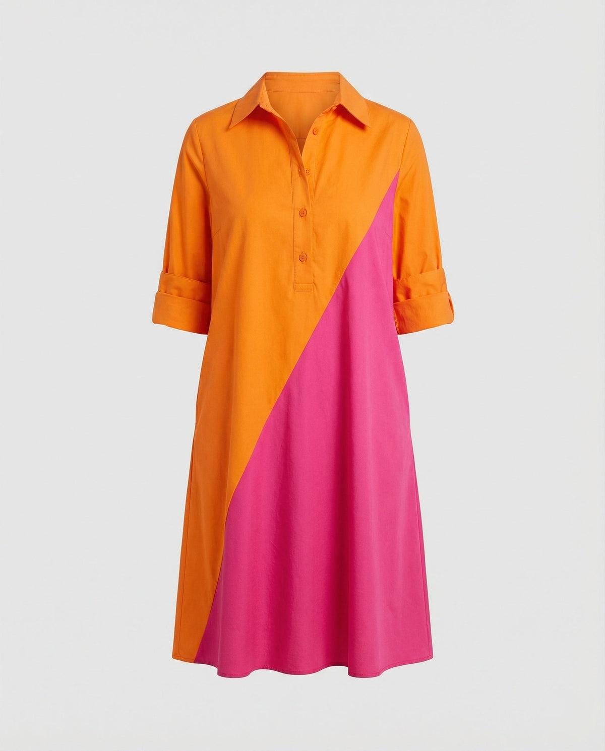 Shirt dress with lapel collar & three-quarter sleeves