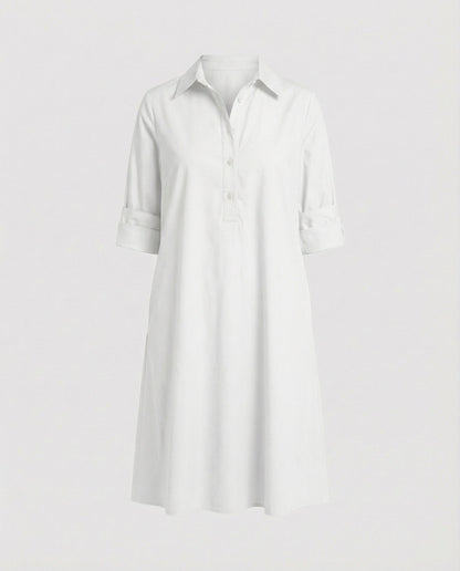 Shirt dress with lapel collar & three-quarter sleeves