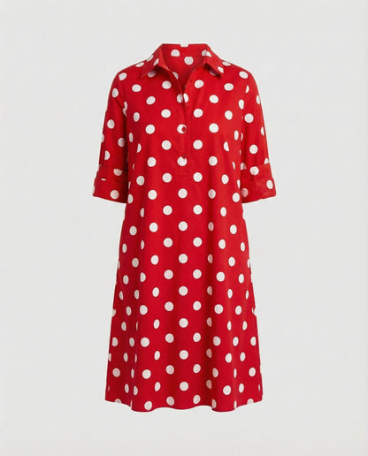 Shirt dress with lapel collar & three-quarter sleeves