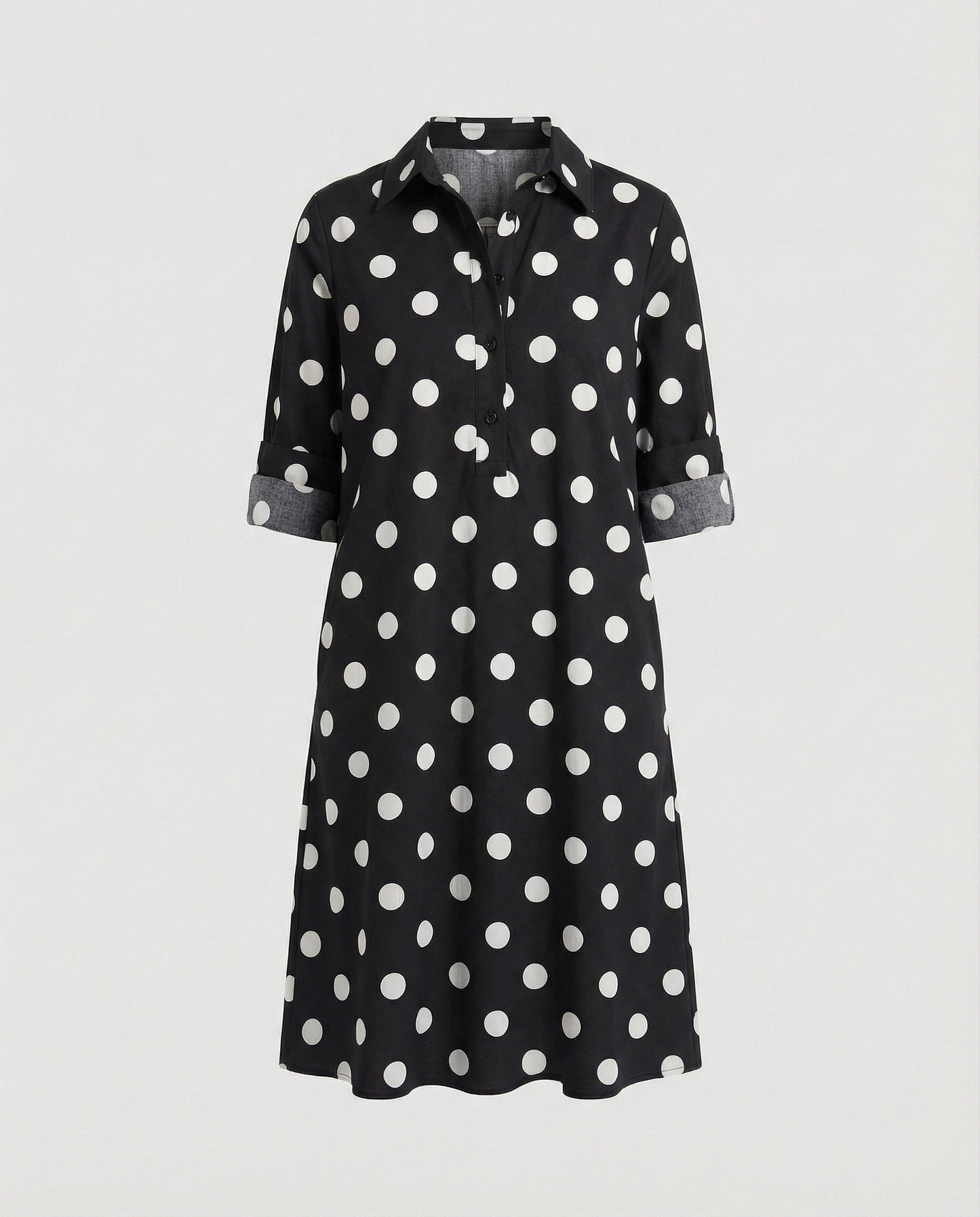 Shirt dress with lapel collar & three-quarter sleeves