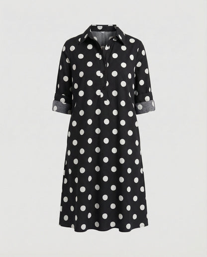 Shirt dress with lapel collar & three-quarter sleeves