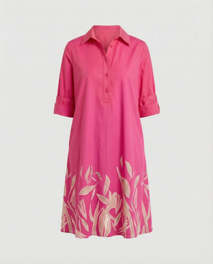Shirt dress with lapel collar & three-quarter sleeves