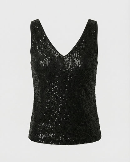 Ladies Glittering Top with V-Neck and Sparkling Sequin Trim Eva