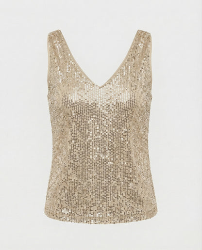 Ladies Glittering Top with V-Neck and Sparkling Sequin Trim Eva