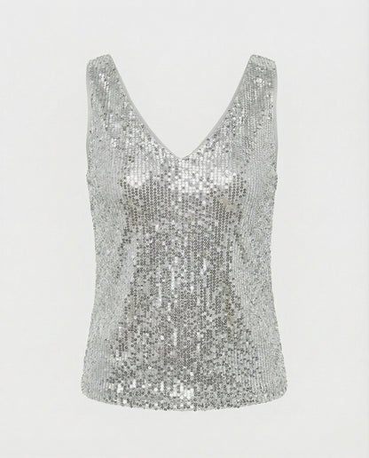 Ladies Glittering Top with V-Neck and Sparkling Sequin Trim Eva