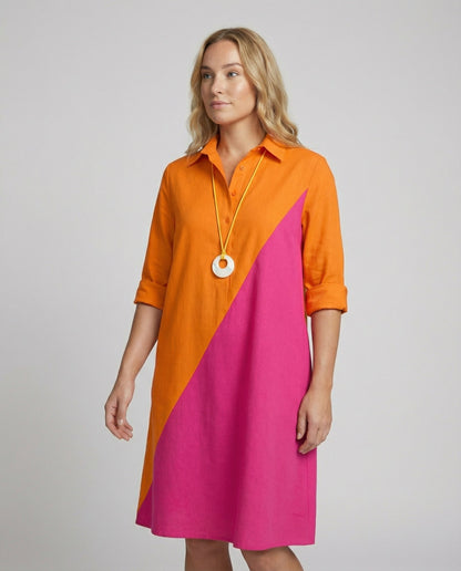 Shirt dress with lapel collar & three-quarter sleeves