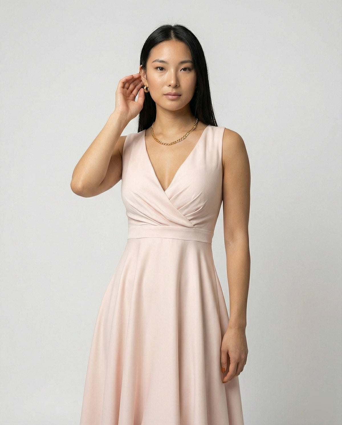 Midi dress in A-line, zipper, straps, V-neck, sleeveless, elegant, for women, cocktail party