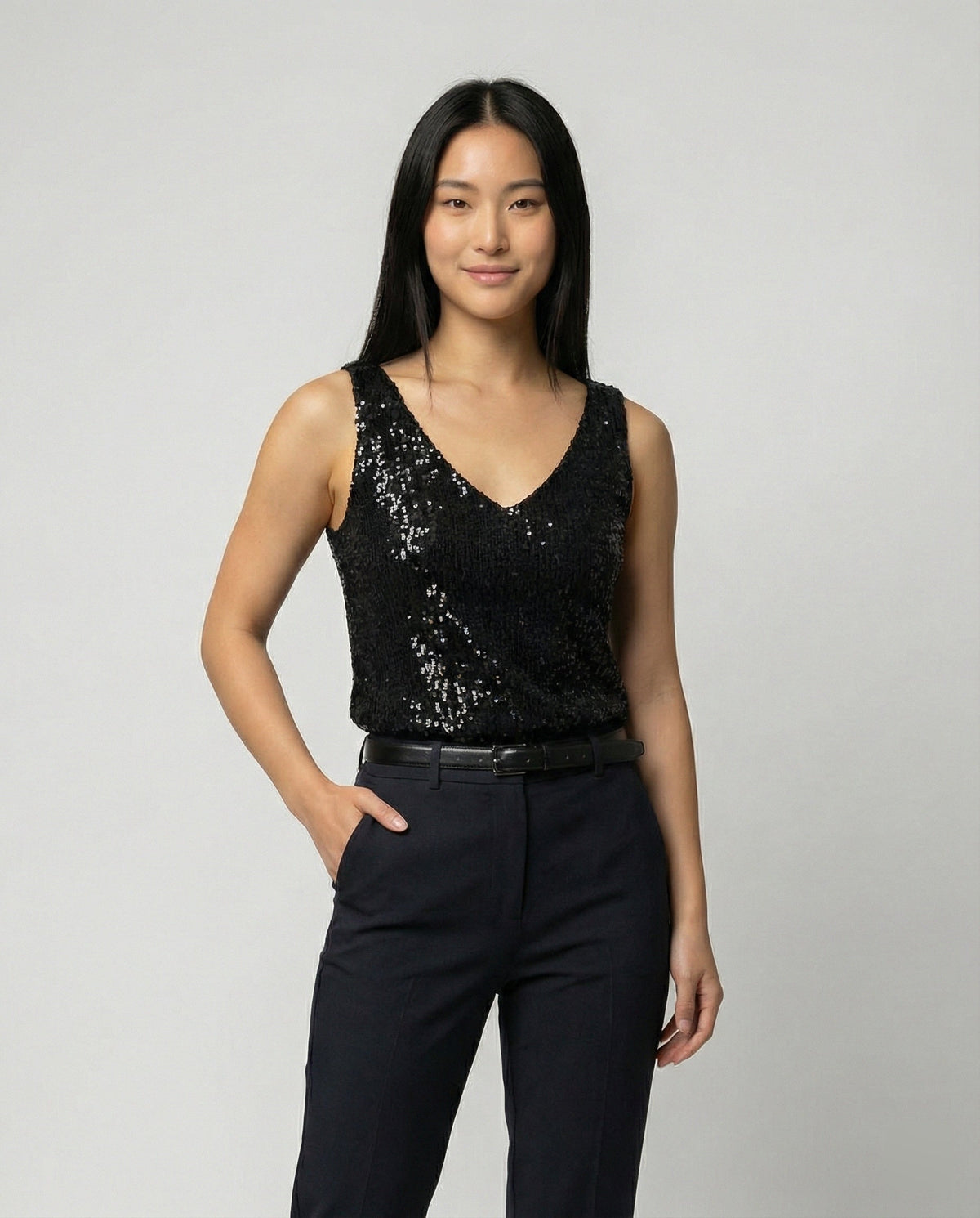 Ladies Glittering Top with V-Neck and Sparkling Sequin Trim Eva
