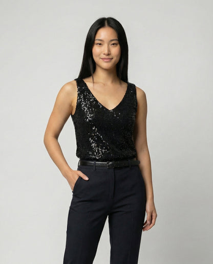 Ladies Glittering Top with V-Neck and Sparkling Sequin Trim Eva